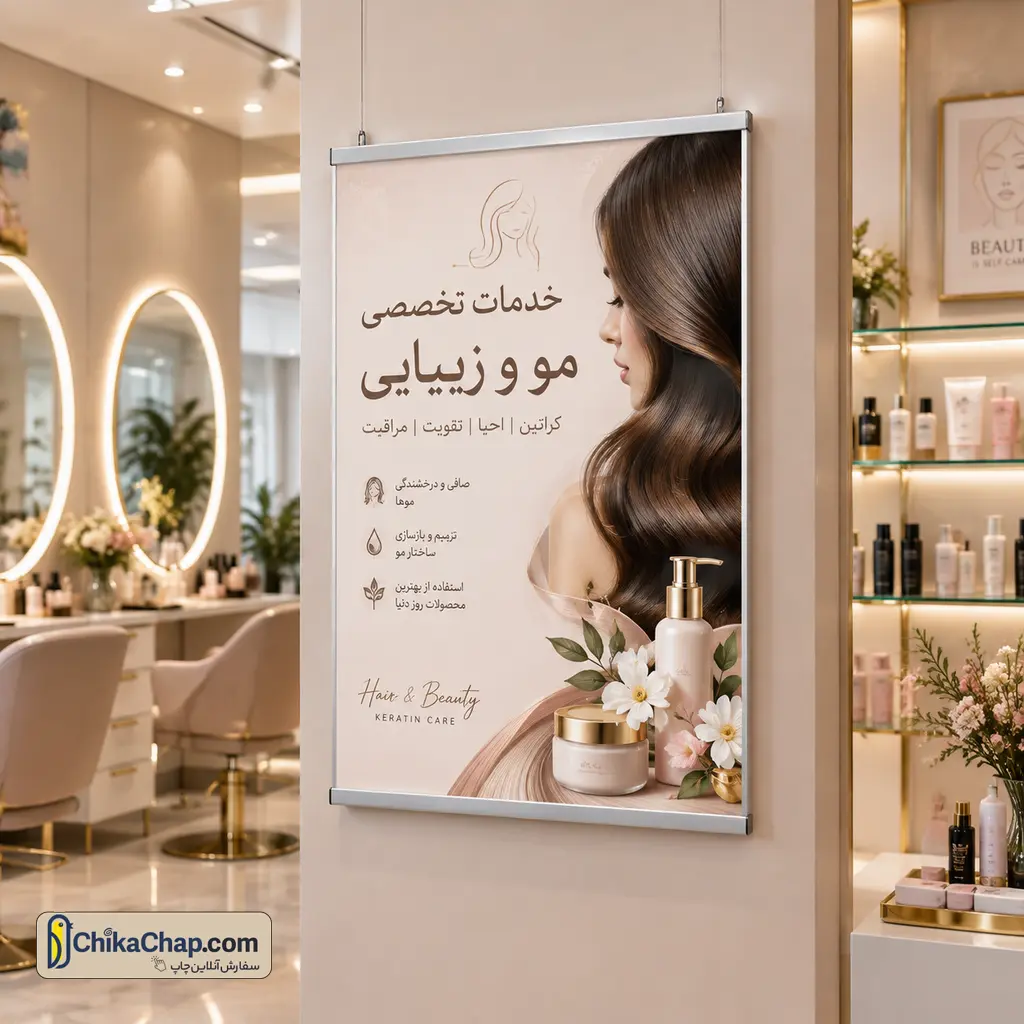 پوستر خدمات زیبایی نصب شده در سالن آرایشگاه زنانه با هولدر پوستر